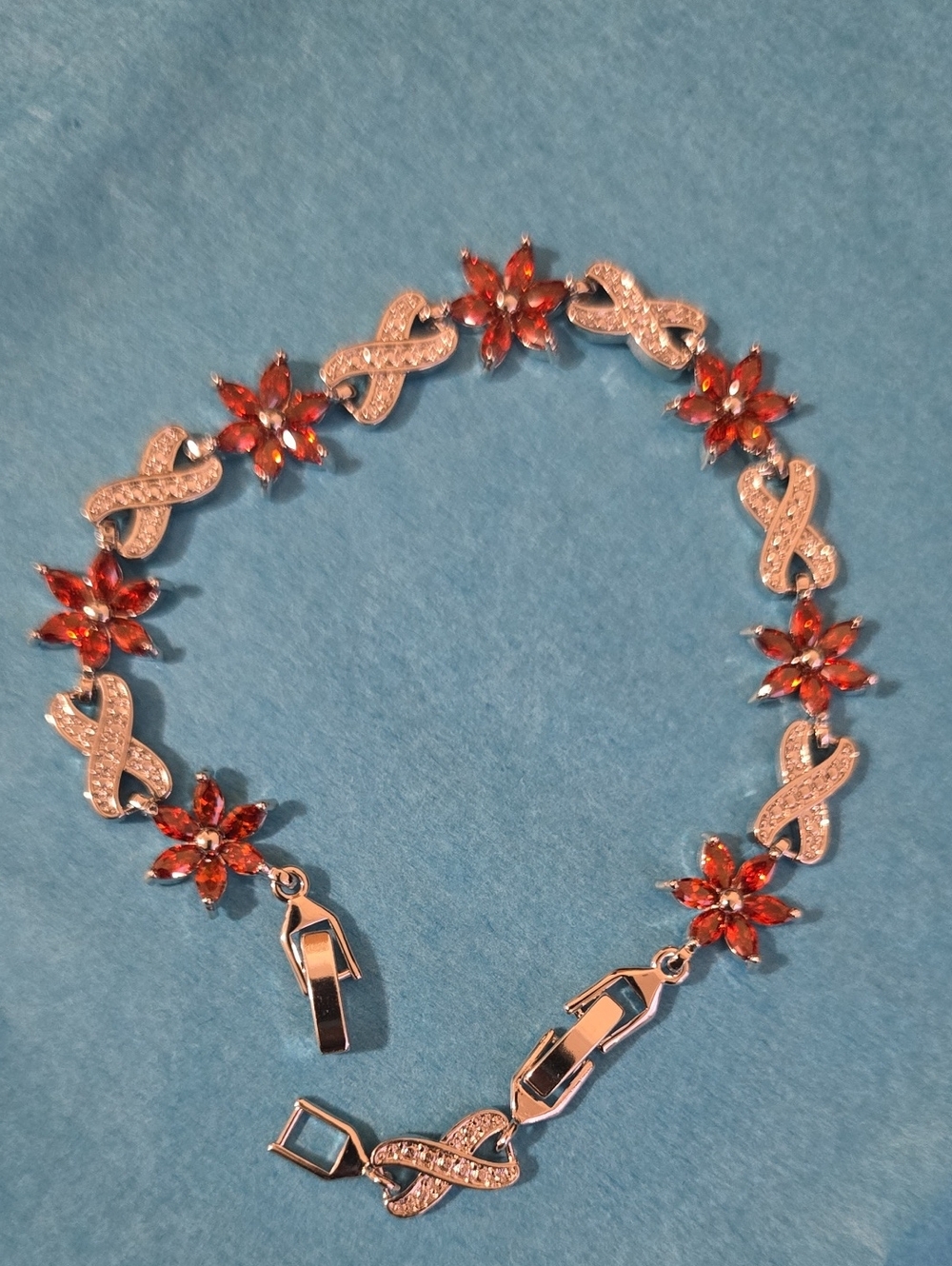 Red Crystal Floral Bracelet with Silver-Tone Infinity Links